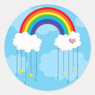 Rainbow and clouds raining stars classic round sticker
