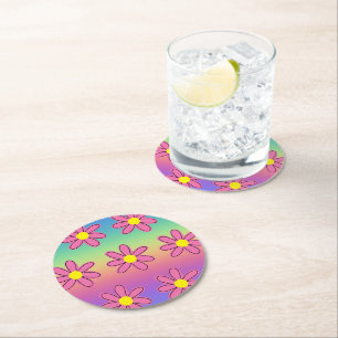 Rainbow and Flowers Round Paper Coaster
