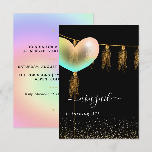 Rainbow and Gold and Black Birthday Party Invitati Invitation (Front/Back)