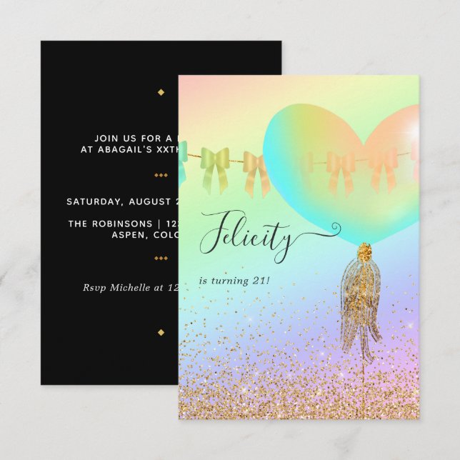 Rainbow and Gold and Pink Birthday Party Invitatio Invitation (Front/Back)