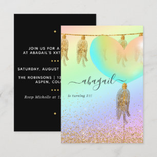 Rainbow and Gold and Pink Birthday Party Invitation