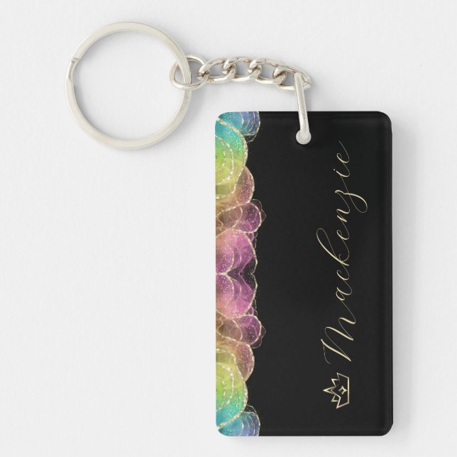 Rainbow and Gold Elegant Script Personalized Keychain (Front)