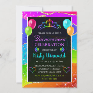 Rainbow and Gold Glitter Agate Quinceañera Invitation
