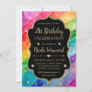 Rainbow and Gold Glitter Alcohol Ink 21st Birthday Invitation