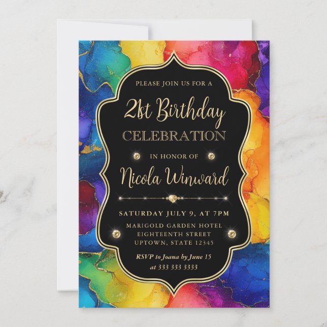 Rainbow and Gold Glitter Alcohol Ink 21st Birthday Invitation (Front)