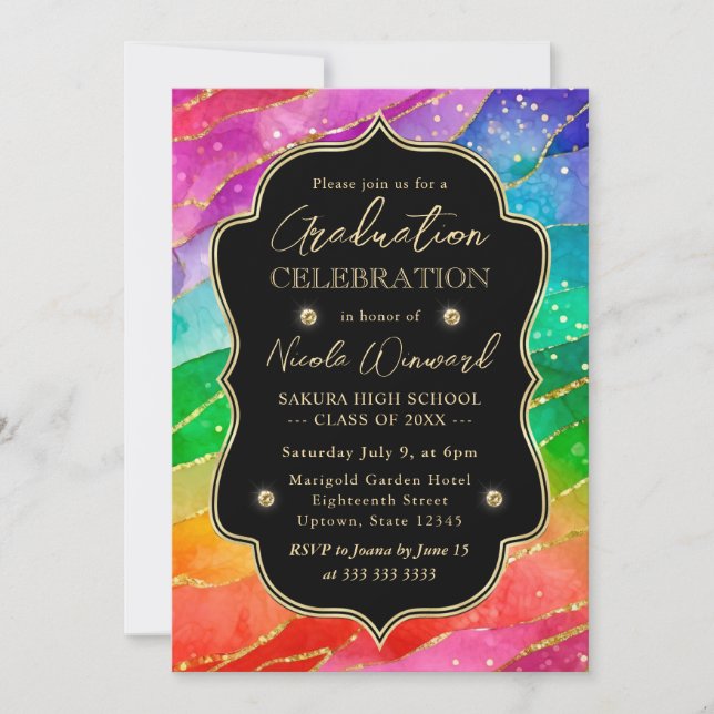 Rainbow and Gold Glitter Alcohol Ink Graduation Invitation (Front)