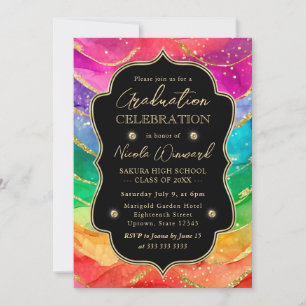 Rainbow and Gold Glitter Alcohol Ink Graduation Invitation