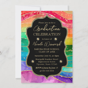 Rainbow and Gold Glitter Alcohol Ink Graduation Invitation