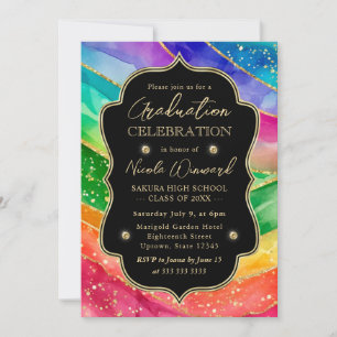 Rainbow and Gold Glitter Alcohol Ink Graduation Invitation