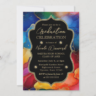 Rainbow and Gold Glitter Alcohol Ink Graduation Invitation