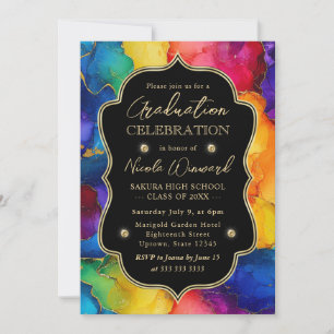 Rainbow and Gold Glitter Alcohol Ink Graduation Invitation