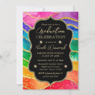 Rainbow and Gold Glitter Alcohol Ink Graduation Invitation