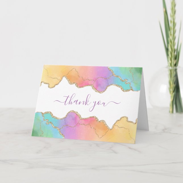 Rainbow And Gold Watercolor Agate Business Thank You Card (Front)