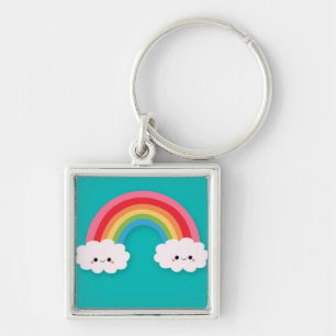 Rainbow and Happy Cluds on Teal Keychain