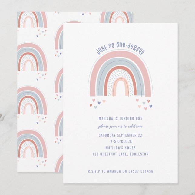 Rainbow and heart 1st birthday invite (Front/Back)