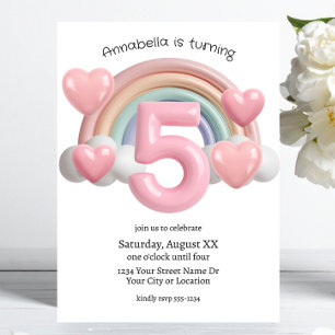 Rainbow and Hearts 3D 5th Birthday Party Invitation