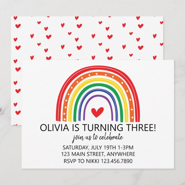 Rainbow and hearts birthday party invite (Front/Back)