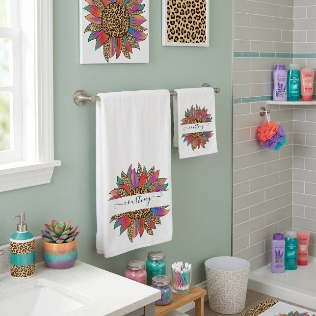 Rainbow and leopard print personalized   bath towel set (Creator Uploaded)