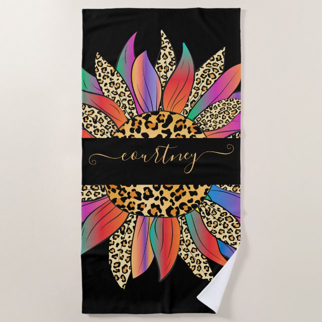 Rainbow and leopard print personalized    beach towel (Front)