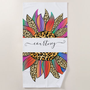 Rainbow and leopard print personalized beach towel