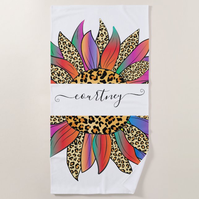 Rainbow and leopard print personalized   beach towel (Front)