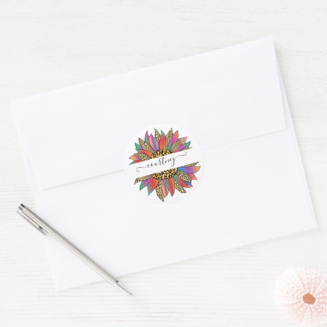 Rainbow and leopard print personalized   classic round sticker (Envelope)