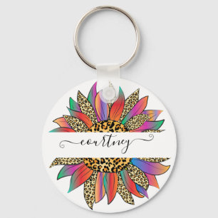 Rainbow and leopard print personalized keychain