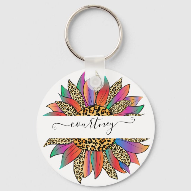 Rainbow and leopard print personalized   keychain (Front)