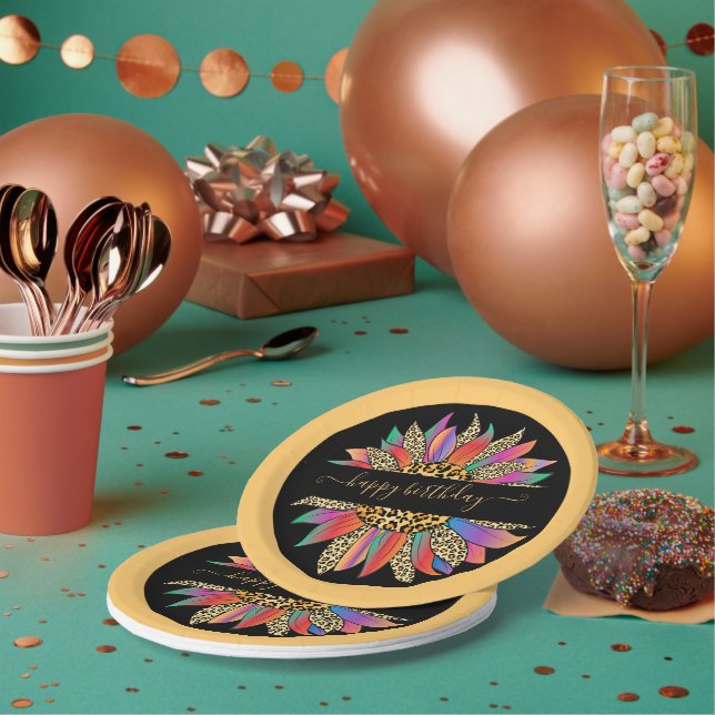 Rainbow and leopard print personalized  paper plate (Multi)