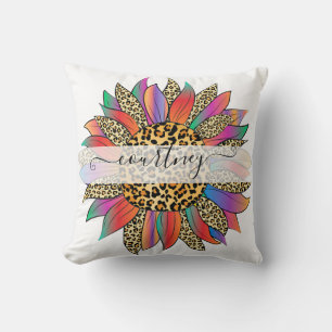 Rainbow and leopard print personalized throw pillow