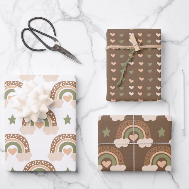 Rainbow and Love Heart Pattern Wrapping Paper Sheet (Front)