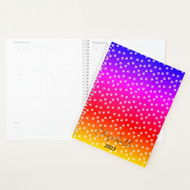 Rainbow and pawprints personalized, custom year planner (Display)