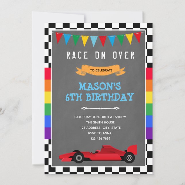 Rainbow and race car birthday Invitation (Front)