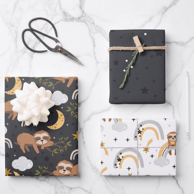 Rainbow and Sloths Pattern Wrapping Paper Sheet (Front)