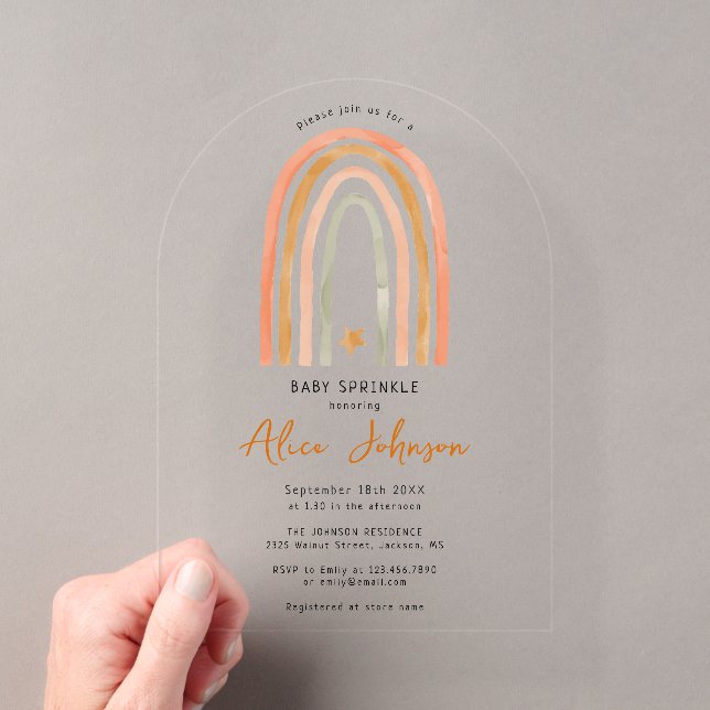 Rainbow And Star Boho Baby Sprinkle Shower Arch Acrylic Invitations (Insitu (Handheld))