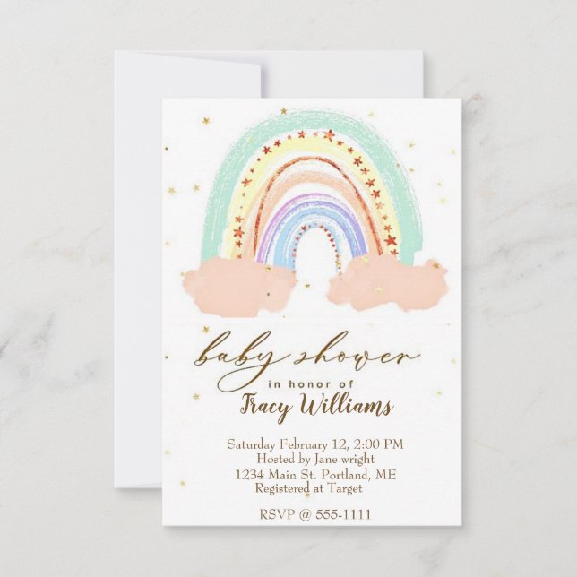 Rainbow and stars baby shower invitation (Front)