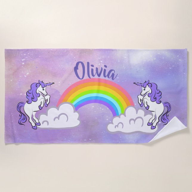 Rainbow and Unicorns Design Beach Towel (Front)