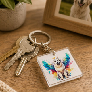 Rainbow Angel Great Pyrenees Dog Watercolor Keychain