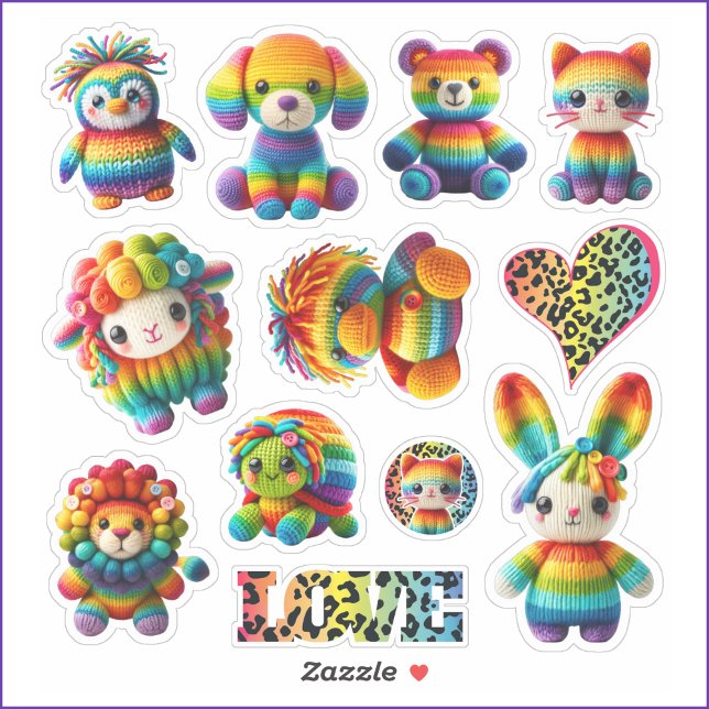 Rainbow Animals and Leopard Print Sticker Sheet (Cute Rainbow Knitted Animal Stickers are fun for back to school or stocking or basket filler. 8x8")
