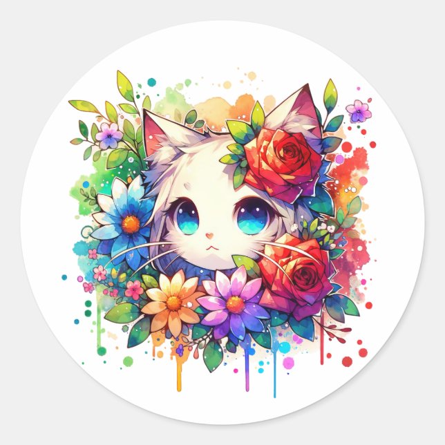 Rainbow Anime Kitten Birthday   Classic Round Sticker (Front)