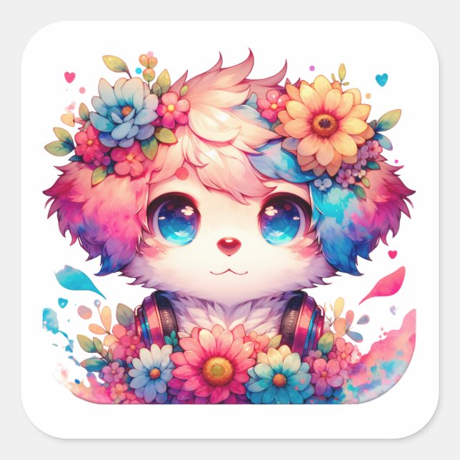 Rainbow Anime Puppy Birthday Cake   Square Sticker (Front)