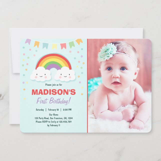 Rainbow Anniversaire Fête Invitation Fille Confett (Devant)