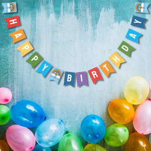 Rainbow Arch Over The Clouds Baby's First Birthday Bunting Flags