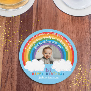 Rainbow Arch Over The Clouds Baby's First Birthday Round Paper Coaster