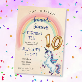 Rainbow Arch Unicorn Confetti Girl 10th Birthday Invitation