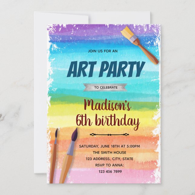 Rainbow art party invitation (Front)
