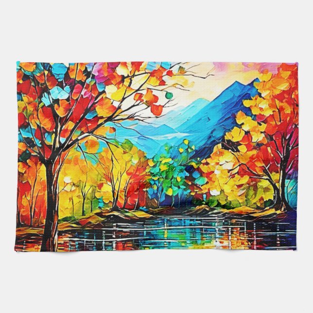 Rainbow Autumn Lake Art Kitchen Towel (Horizontal)