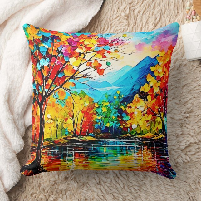 Rainbow Autumn Lake Art Throw Pillow (Blanket)