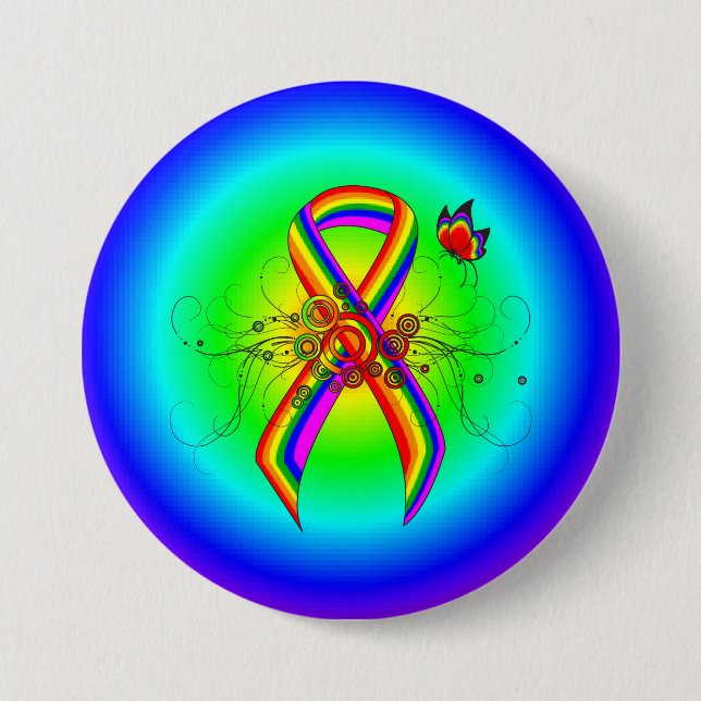 Rainbow Awareness Ribbon with Butterfly 3 Inch Round Button (Front)