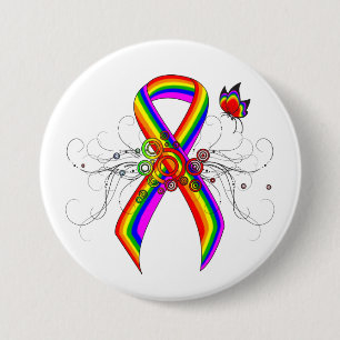Rainbow Awareness Ribbon with Butterfly 3 Inch Round Button